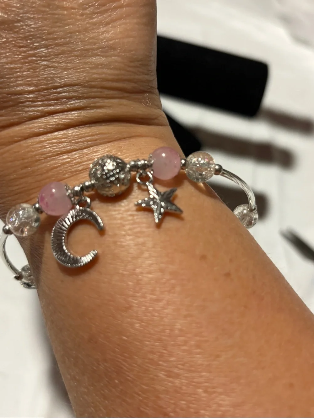 Pink & Clear Beaded Moon Star Bracelet – Silver Tone Celestial Charm Bracelet